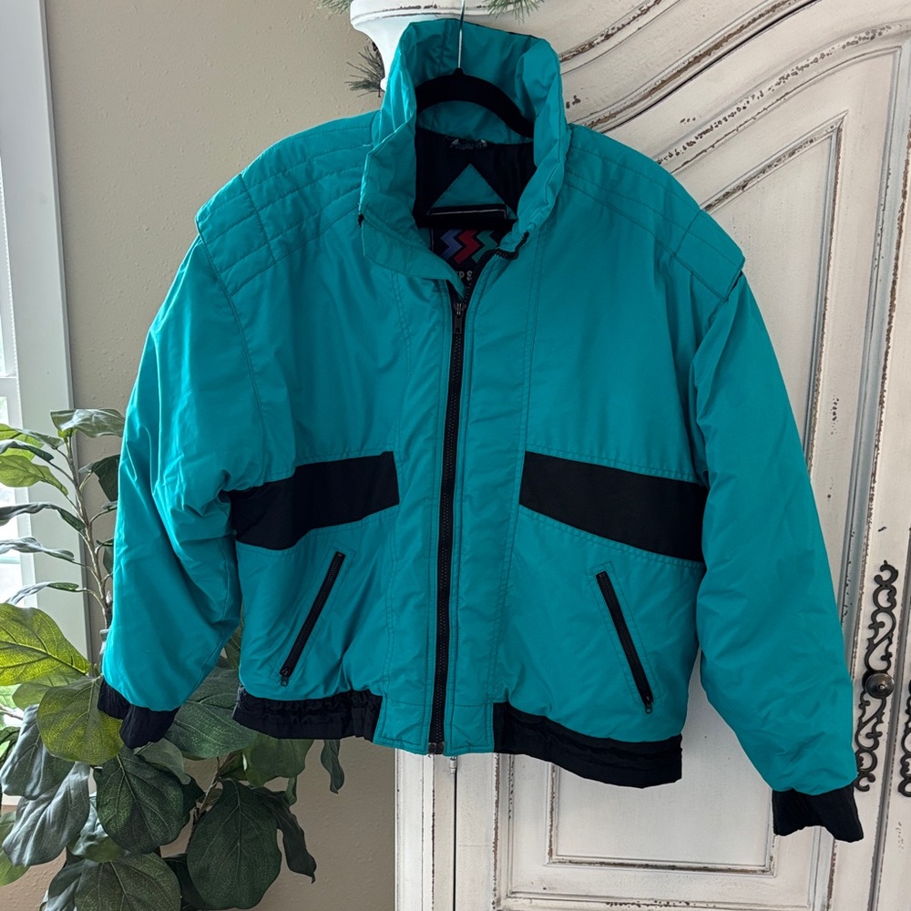 Steep Slopes Women’s Retro Vintage Teal Green & Black Ski Jacket, Size Large